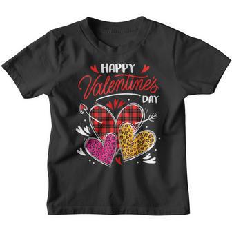 Happy Valentines Day Three Leopard And Plaid Hearts Girls Youth T-shirt - Thegiftio UK