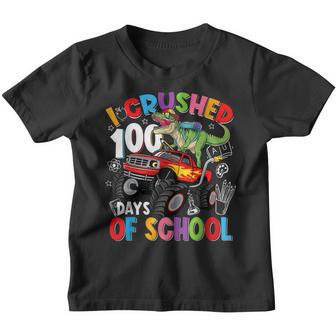 I Crushed 100 Days Of School Dinosaur Boys Monster Truck Youth T-shirt - Thegiftio UK