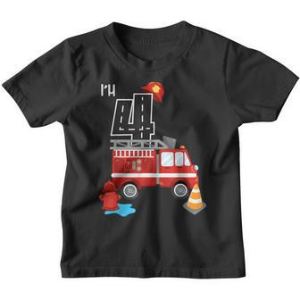Im 4 Birthday Boy 4Th Bday Fire Truck Fire Fighter Number  Youth T-shirt