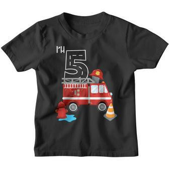 Im 5 Birthday Boy 5Th Bday Fire Truck Fire Fighter Number  Youth T-shirt