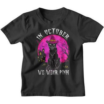 In October We Wear Pink Cat Witch Breast Cancer Halloween Youth T-shirt - Thegiftio UK