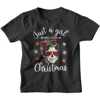 Just A Girl Who Loves Christmas Messy Bun Skull Xmas Youth T-shirt - Thegiftio UK