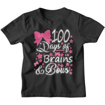 Kids 100 Days Of Brains And Bows Girls 100Th Day Of School Youth T-shirt - Thegiftio UK