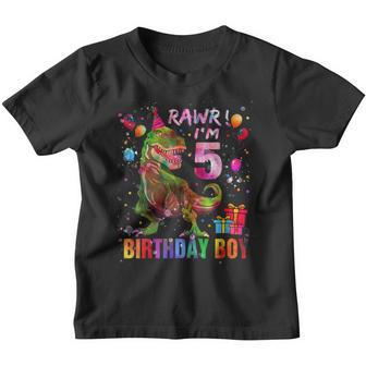 Kids 5 Year Old 5Th Birthday Boy T Rex Dinosau Tie Dye Youth T-shirt - Thegiftio UK