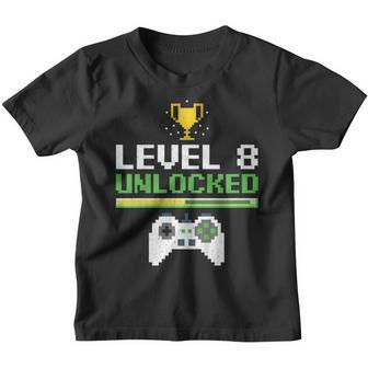 Kids 8 Year Old Gamer Funny Birthday Level 8 Unlocked Youth T-shirt | Mazezy