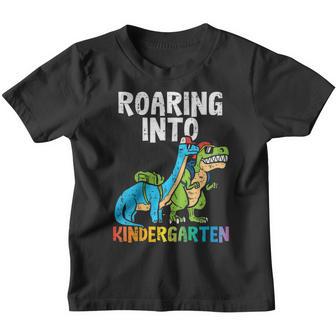 Kids Roaring Into Kindergarten Dinosaurs Trex First Day Of Boys Youth T-shirt - Thegiftio UK