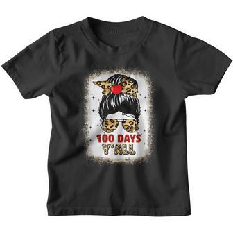 Leopard Messy Bun 100 Days Yall 100Th Day Of School Teacher Youth T-shirt - Thegiftio UK