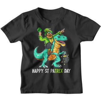 Leprechaun Riding Dinosaur T Rex Happy St Patricks Day Kids Youth T-shirt | Mazezy