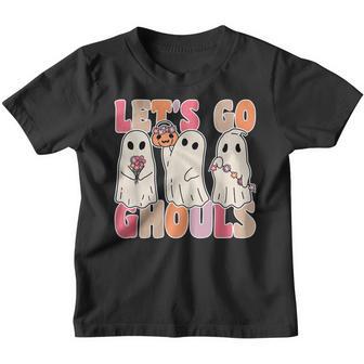 Lets Go Ghouls Groovy Ghost With Vintage Flowers Halloween Youth T-shirt - Thegiftio UK