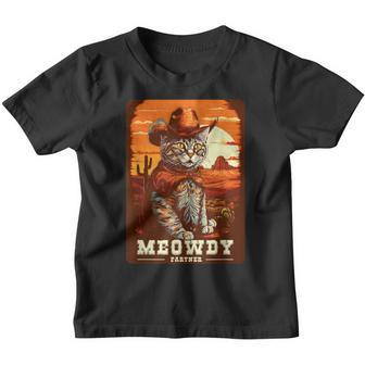 Meowdy Funny Country Music Cat Cowboy Hat Wanted Poster Youth T-shirt | Mazezy