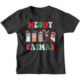Meowy Catmas Christmas Paw Prints Cat Xmas Retro Women Kids Youth T-shirt - Thegiftio UK