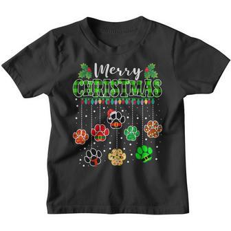 Merry Christmas Dog Paw Print Buffalo Plaid Green Ugly Xmas Youth T-shirt - Thegiftio UK