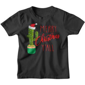 Merry Christmas Yall Cactus Lights Santa Hat Funny Xmas Youth T-shirt - Thegiftio UK