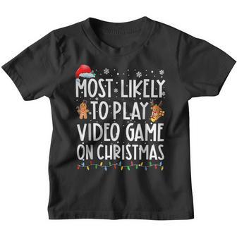 Most Likely To Play Video Games On Christmas Xmas Lights V2 Youth T-shirt - Thegiftio UK
