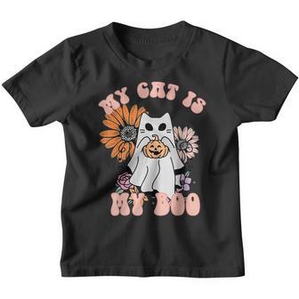 My Cat Is My Boo Floral Groovy Ghost Cat Spooky Halloween Youth T-shirt - Thegiftio UK