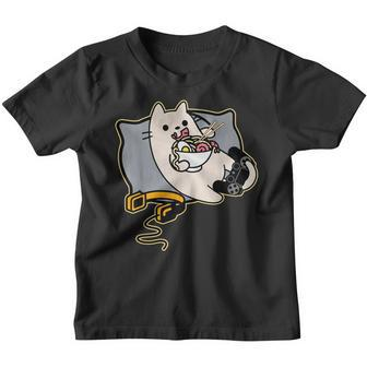 Nerdy Ramen Eating Gamer Cat Game Paused Youth T-shirt | Mazezy
