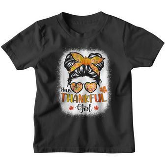 One Thankful Girl Thanksgiving Daughter Messy Bun Fall Girls V4 Youth T-shirt - Thegiftio UK