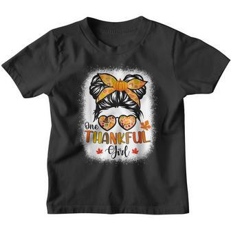 One Thankful Girl Thanksgiving Daughter Messy Bun Fall Girls V5 Youth T-shirt - Thegiftio UK