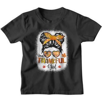 One Thankful Girl Thanksgiving Daughter Messy Bun Fall Girls V6 Youth T-shirt - Thegiftio UK