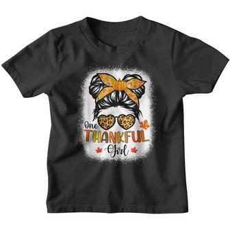 One Thankful Girl Thanksgiving Messy Bun Leopard Fall Autumn V9 Youth T-shirt - Thegiftio UK