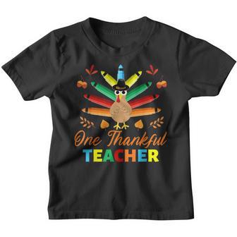One Thankful Teacher Crayon Turkey And Pumpkin Thanksgiving Youth T-shirt - Thegiftio UK