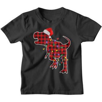 Red Plaid Dinosaur T Rex Christmas Lights Pajamas Adult Kids Youth T-shirt - Thegiftio UK