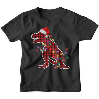 Red Plaid T Rex Dinosaur Christmas Pajamas Boy Xmas Lights Youth T-shirt - Thegiftio UK