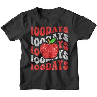 Retro Groovy 100 Days Of School Sparkle Apple Teacher Youth T-shirt - Seseable