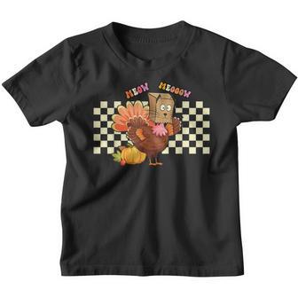 Retro Groovy Turkey Fake Cat Meow Funny Thanksgiving Boy Kid Youth T-shirt - Thegiftio UK