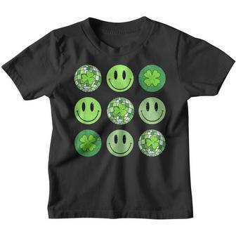 Retro St Patricks Day Kids Groovy Smile Face Shamrock Disco Youth T-shirt | Mazezy