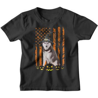 Siberian Husky Dog Pumpkin American Flag Witch Halloween Youth T-shirt - Thegiftio UK