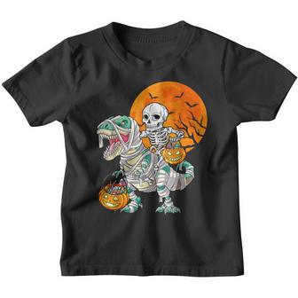 Skeleton Riding Mummy Dinosaur T Rex Halloween Funny Pumpkin V103 Youth T-shirt - Thegiftio UK