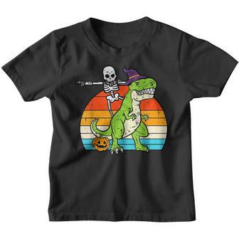 Skeleton Riding Mummy Dinosaur T Rex Halloween Retro Pumpkin Youth T-shirt - Thegiftio UK