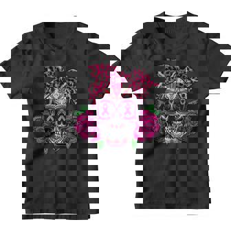 Sugar Skull Pink Flower Leopard Warriors Breast Cancer Youth T-shirt - Thegiftio