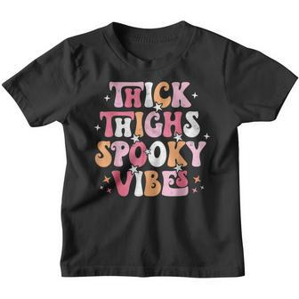 Thick Thighs Spooky Vibes Halloween Ghost Groovy Retro Youth T-shirt - Thegiftio UK