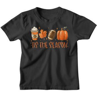 Tis The Season Pumpkin Leaf Latte Fall Thanksgiving Football Youth T-shirt - Thegiftio UK