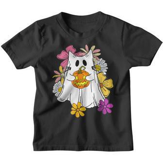 Vintage Floral Ghost Cat Halloween Graphic V4 Youth T-shirt - Thegiftio UK