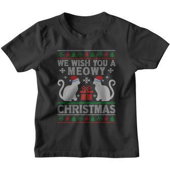 We Wish You A Meowy Catmas Santa Hat Ugly Christmas Sweater Gift Youth T-shirt - Monsterry