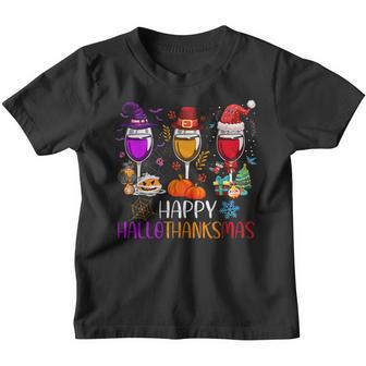Wine Glasses Hallothanksmas Halloween Christmas Thanksgiving Youth T-shirt - Thegiftio UK