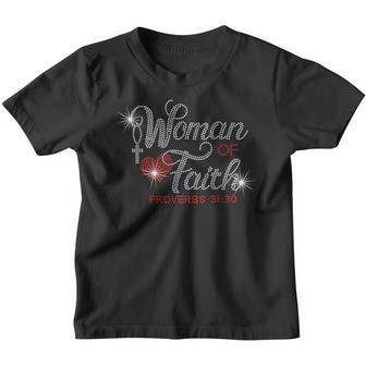 Woman Of Faith Bling Rhinestone Funny Christian Birthday Youth T-shirt - Thegiftio UK