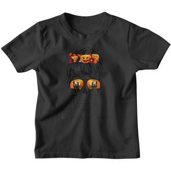 Womens Halloween Skull Woman Messy Bun Sunglasses Pumpkin Youth T-shirt - Thegiftio UK