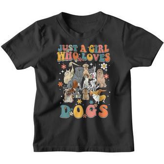 Womens Just A Girl Who Loves Dogs Retro Groovy Dog Christmas Youth T-shirt - Thegiftio UK