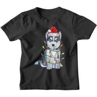 Womens Siberian Husky Santa Christmas Tree Lights Xmas Boys Youth T-shirt - Thegiftio UK