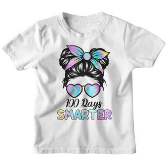 100 Days Smarter 100Th Day Of School Girls Messy Bun Tie Dye Youth T-shirt - Thegiftio UK