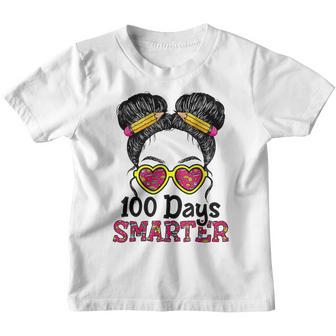 100 Days Smarter Girls Messy Bun Hair 100Th Day Of School V12 Youth T-shirt - Thegiftio UK