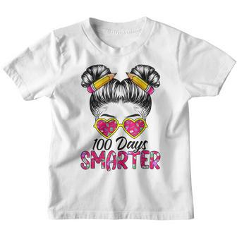 100 Days Smarter Girls Messy Bun Hair 100Th Day Of School V15 Youth T-shirt - Thegiftio UK