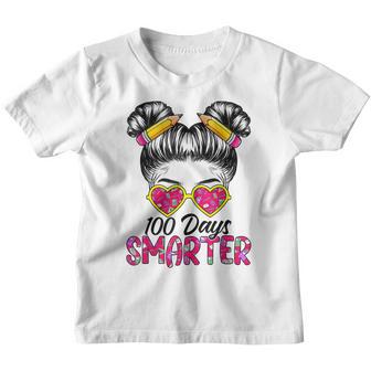 100 Days Smarter Girls Messy Bun Hair 100Th Day Of School V5 Youth T-shirt - Thegiftio UK