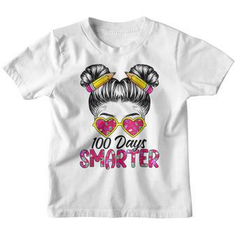 100 Days Smarter Girls Messy Bun Hair 100Th Day Of School V6 Youth T-shirt - Thegiftio UK