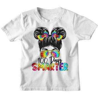 100 Days Smarter Messy Bun Girls Tie Dye 100Th Day Of School V2 Youth T-shirt - Thegiftio UK