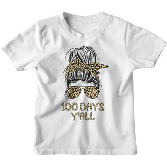 100 Days Yall Messy Bun Leopard Happy 100 Days Of School Youth T-shirt - Thegiftio